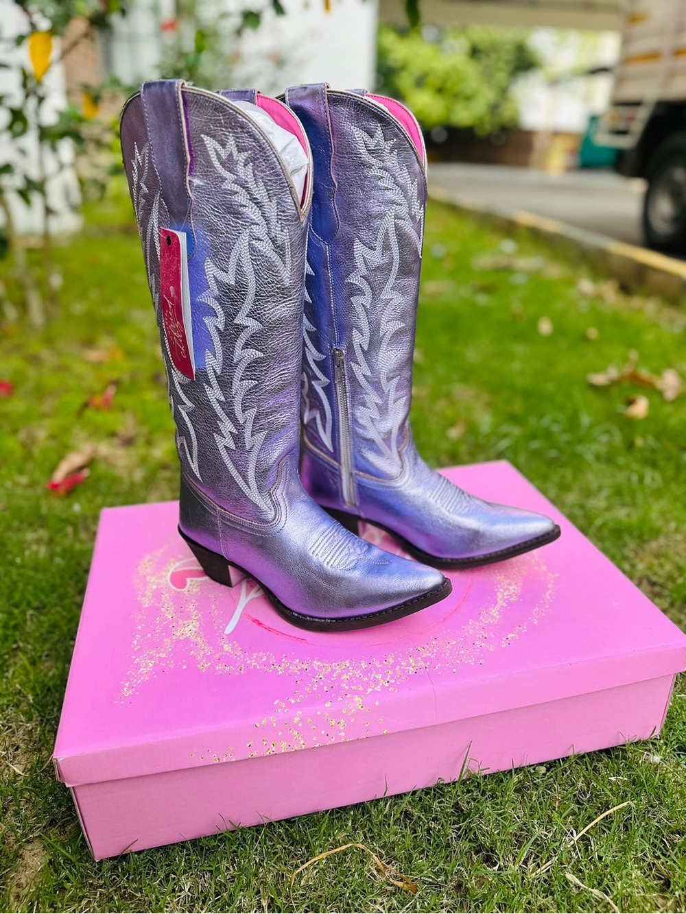 Free People Southern Fried Chics Iridescent Purple Western Heeled Boots